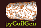 pyCoilGen logo, a cylinder lying on its side with a complex wire wrapped around it. The word pyCoilGen written underneath.